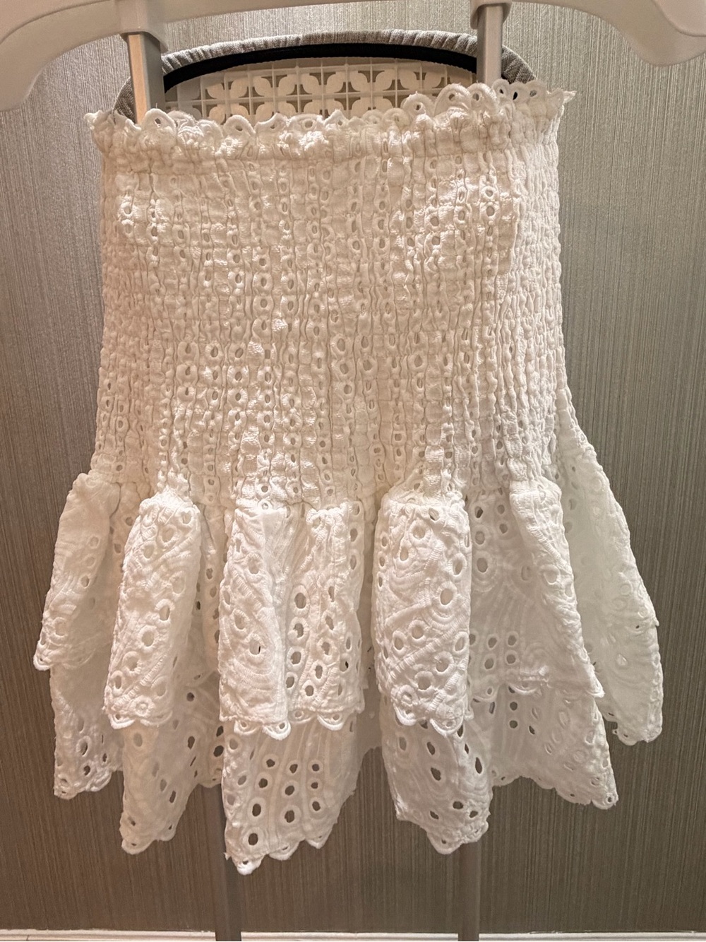 White Eyelet Smocked Tiered Mini Skirt